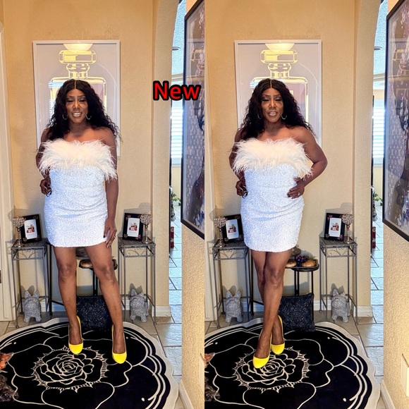 White Strapless Dress with Furry Trim - Picture 8 of 13